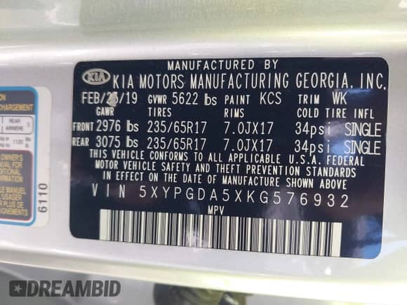 2019 Kia Sorento LX with VIN 5XYPGDA5XKG576932, listed as a IAAI auction lot 42979291 with 84,949 mi miles and . Bid and sale history available at DreamBid. Image 9.