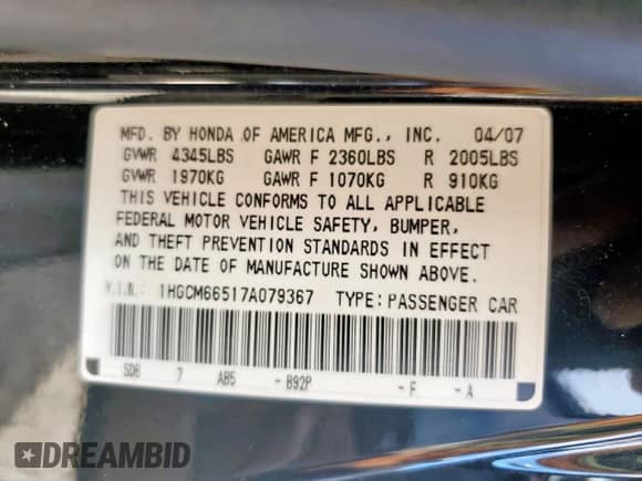 2007 Honda Accord EX-L z VIN 1HGCM66517A079367, wystawiony jako Copart lot #84476705 z przebiegiem 145 361 mil mil oraz Szkoda całkowita • Salvage title. Historia ofert i sprzedaży dostępna na DreamBid. Obrazek 12.