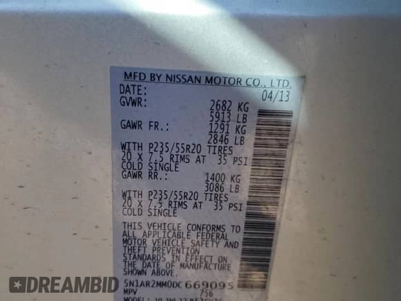 2013 Nissan Pathfinder SL with VIN 5N1AR2MM0DC669095, listed as a Copart auction lot 83876985 with 178,947 mi miles and Salvage title. Bid and sale history available at DreamBid. Image 14.