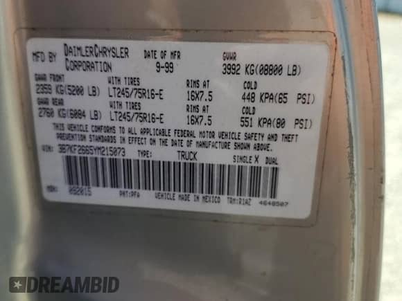 2000 Dodge 2500 with VIN 3B7KF2665YM215073, listed as a Copart auction lot 59399015 with 264,074 mi miles and Salvage title. Bid and sale history available at DreamBid. Image 12.