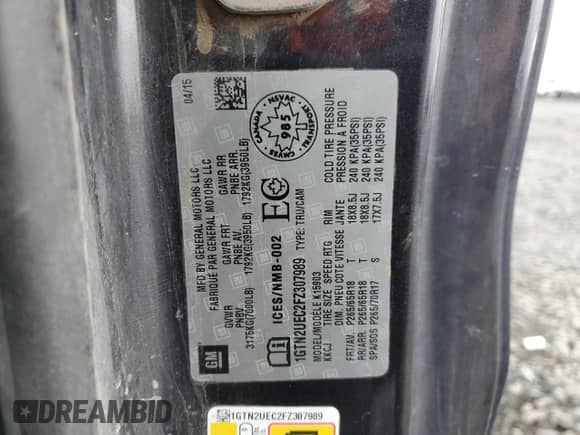 2015 GMC Sierra 1500 SLE with VIN 1GTN2UEC2FZ307989, listed as a Copart auction lot 87200335 with Not provided miles and Salvage title. Bid and sale history available at DreamBid. Image 12.