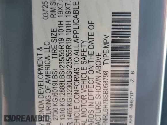 2025 Honda Odyssey Sport-L with VIN 5FNRL6H78SB058798, listed as a Copart auction lot 71080285 with Not provided miles and Non repairable. Bid and sale history available at DreamBid. Image 14.