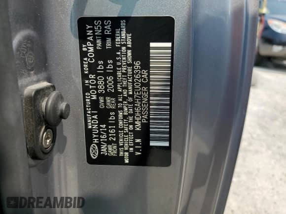 2014 Hyundai Elantra with VIN KMHDH6AH7EU026396, listed as a Copart auction lot 66883345 with 35,572 mi miles and Salvage title. Bid and sale history available at DreamBid. Image 12.