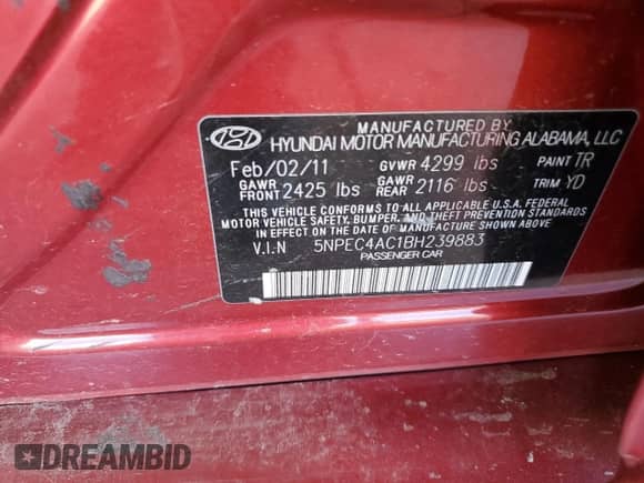 2011 Hyundai Sonata Limited с VIN 5NPEC4AC1BH239883, выставлен на аукционе Copart как лот 82001725 с пробегом 213 026 миль миль и Списание • Salvage title. История ставок и продаж доступна на DreamBid. Изображение 12.