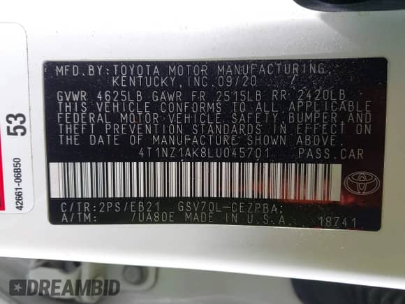 2020 Toyota Camry XSE with VIN 4T1NZ1AK8LU045701, listed as a IAAI auction lot 43165679 with 90,735 mi miles and . Bid and sale history available at DreamBid. Image 9.