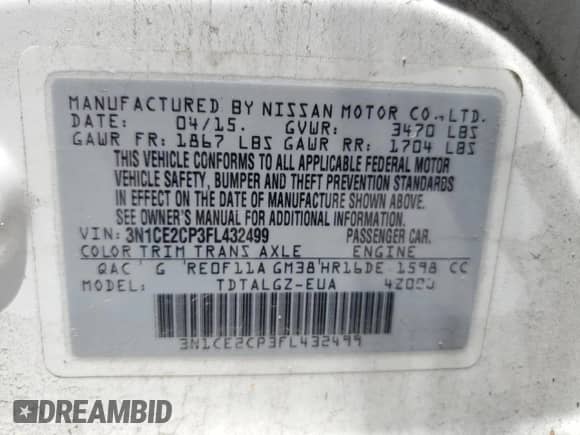 2015 Nissan Note SR с VIN 3N1CE2CP3FL432499, выставлен на аукционе Copart как лот 63381985 с пробегом 105 993 миль миль и Списание • Salvage title. История ставок и продаж доступна на DreamBid. Изображение 13.