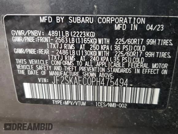 2023 Subaru Forester Premium z VIN JF2SKAEC0PH475494, wystawiony jako Copart lot #83825905 z przebiegiem 64 798 mil mil oraz Szkoda całkowita • Salvage title. Historia ofert i sprzedaży dostępna na DreamBid. Obrazek 13.