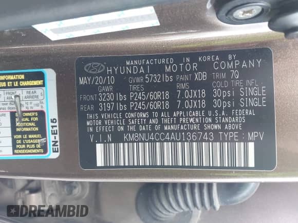 2010 Hyundai Veracruz Limited z VIN KM8NU4CC4AU136743, wystawiony jako IAAI lot #43308276 z przebiegiem 245 778 mil mil oraz . Historia ofert i sprzedaży dostępna na DreamBid. Obrazek 9.