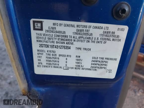 2003 GMC Sierra 1500 SLE с VIN 2GTEK19T431276354, выставлен на аукционе IAAI как лот 41282430 с пробегом 194 735 миль миль и . История ставок и продаж доступна на DreamBid. Изображение 9.