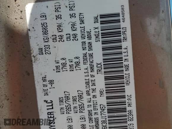 2008 Dodge 1500 ST with VIN 1D7HA16K38J177457, listed as a Copart auction lot 68647725 with 65,572 mi miles and Salvage title. Bid and sale history available at DreamBid. Image 12.