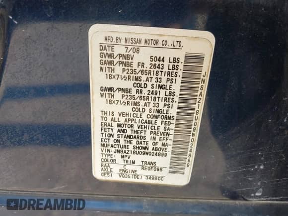 2009 Nissan Murano S с VIN JN8AZ18U09W024899, выставлен на аукционе IAAI как лот 41933798 с пробегом 135 078 миль миль и . История ставок и продаж доступна на DreamBid. Изображение 9.