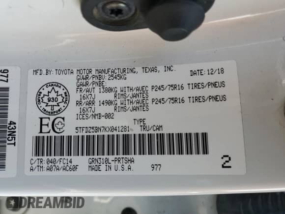 2019 Toyota Tacoma SR5 с VIN 5TFDZ5BN7KX041281, выставлен на аукционе Copart как лот 80924775 с пробегом Не указан миль и Списание • Salvage title. История ставок и продаж доступна на DreamBid. Изображение 12.