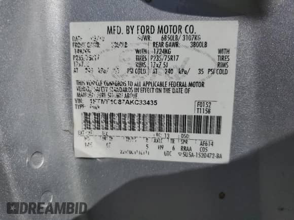 2010 Ford F-150 XL with VIN 1FTMF1C87AKC33435, listed as a Copart auction lot 56764885 with 117,575 mi miles and Clean title. Bid and sale history available at DreamBid. Image 12.