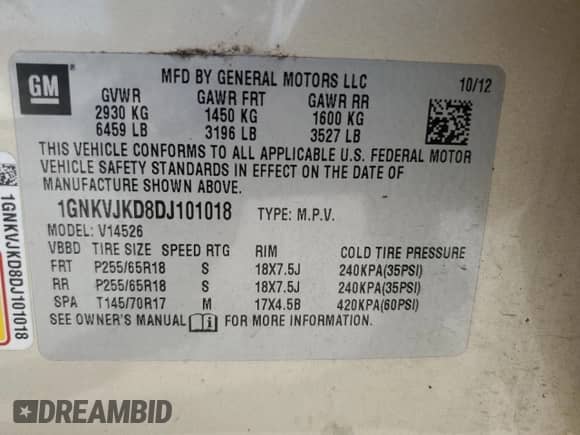2013 Chevrolet Traverse LT with VIN 1GNKVJKD8DJ101018, listed as a Copart auction lot 80795235 with 129,084 mi miles and Salvage title. Bid and sale history available at DreamBid. Image 13.