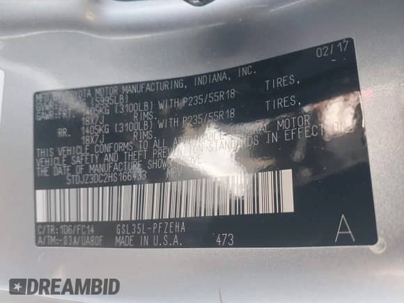 2017 Toyota Sienna LE with VIN 5TDJZ3DC2HS166433, listed as a IAAI auction lot 42084039 with 121,540 mi miles and . Bid and sale history available at DreamBid. Image 9.