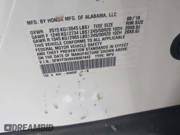 2019 Honda Pilot Touring 8-Passenger z VIN 5FNYF5H9XKB001842, wystawiony jako IAAI lot #43026784 z przebiegiem 114 674 mil mil oraz . Historia ofert i sprzedaży dostępna na DreamBid. Obrazek 9.