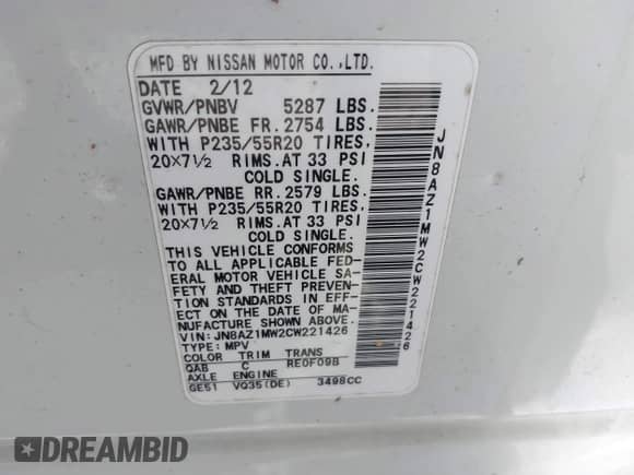 2012 Nissan Murano SL с VIN JN8AZ1MW2CW221426, выставлен на аукционе IAAI как лот 43171131 с пробегом 151 044 миль миль и . История ставок и продаж доступна на DreamBid. Изображение 9.