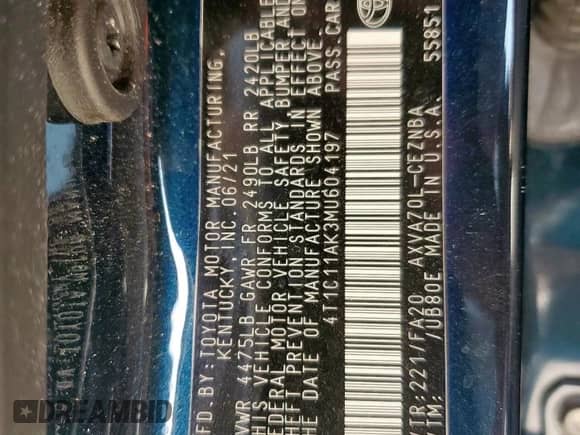 2021 Toyota Camry LE z VIN 4T1C11AK3MU604197, wystawiony jako Copart lot #83801605 z przebiegiem 49 539 mil mil oraz Szkoda całkowita • Salvage title. Historia ofert i sprzedaży dostępna na DreamBid. Obrazek 13.