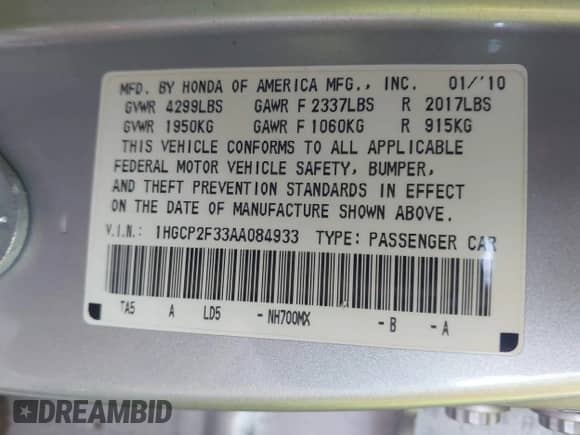 2010 Honda Accord LX с VIN 1HGCP2F33AA084933, выставлен на аукционе IAAI как лот 43498396 с пробегом 188 988 миль миль и . История ставок и продаж доступна на DreamBid. Изображение 9.