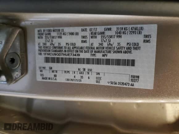 2017 Ford Escape SE с VIN 1FMCU9GD7HUE73439, выставлен на аукционе Copart как лот 81033735 с пробегом 179 814 миль миль и Чистый • Clean title. История ставок и продаж доступна на DreamBid. Изображение 13.