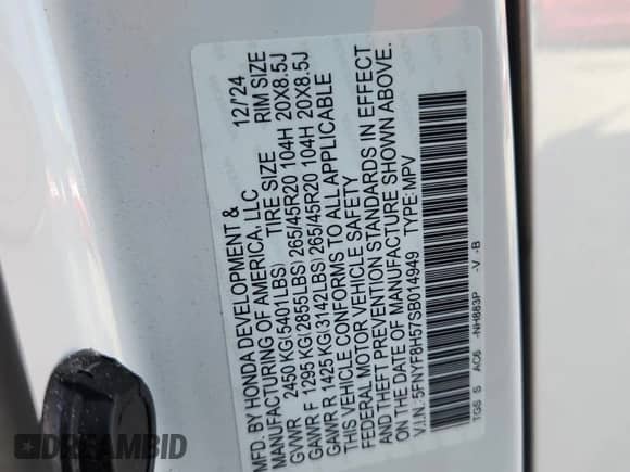 2025 Honda Passport EX-L with VIN 5FNYF8H57SB014949, listed as a Copart auction lot 58587185 with 4,403 mi miles and Salvage title. Bid and sale history available at DreamBid. Image 13.