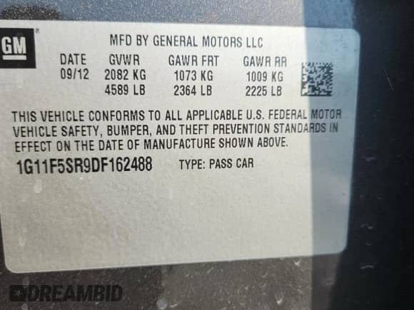 2013 Chevrolet Malibu Eco with VIN 1G11F5SR9DF162488, listed as a Copart auction lot 71702995 with 51,178 mi miles and Salvage title. Bid and sale history available at DreamBid. Image 12.