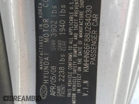 2008 Hyundai Tiburon GT с VIN KMHHN66F88U284030, выставлен на аукционе Copart как лот 53251315 с пробегом Не указан миль и Списание • Salvage title. История ставок и продаж доступна на DreamBid. Изображение 13.