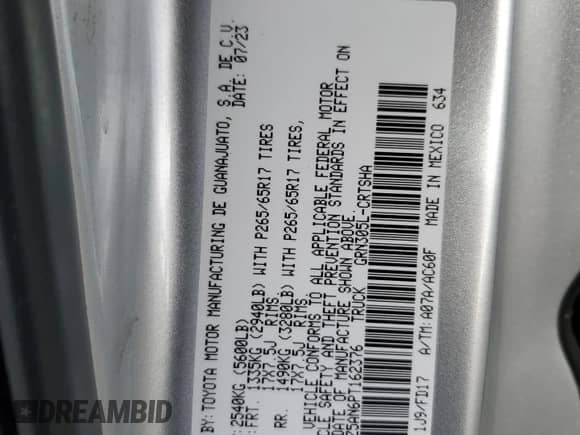 2023 Toyota Tacoma SR with VIN 3TYSZ5AN6PT162376, listed as a Copart auction lot 86171765 with 38,394 mi miles and Salvage title. Bid and sale history available at DreamBid. Image 12.