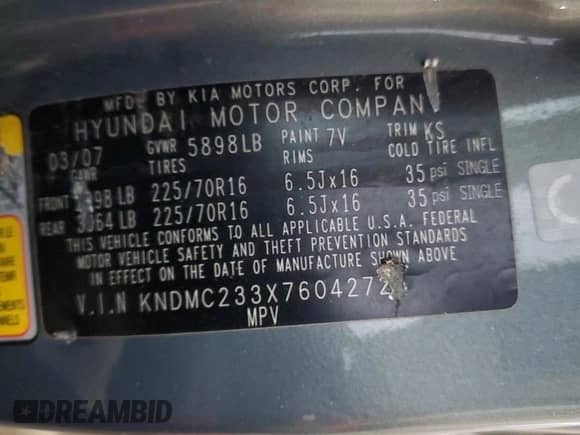 2007 Hyundai Entourage GLS с VIN KNDMC233X76042726, выставлен на аукционе Copart как лот 49406995 с пробегом 167 021 миль миль и Списание • Salvage title. История ставок и продаж доступна на DreamBid. Изображение 15.