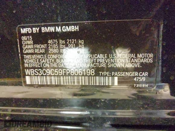 2015 BMW M3 with VIN WBS3C9C59FP806198, listed as a IAAI auction lot 41339037 with 89,610 mi miles and . Bid and sale history available at DreamBid. Image 9.