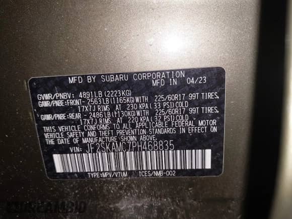 2023 Subaru Forester Wilderness with VIN JF2SKAMC7PH468835, listed as a IAAI auction lot 43113821 with 35,895 mi miles and . Bid and sale history available at DreamBid. Image 9.