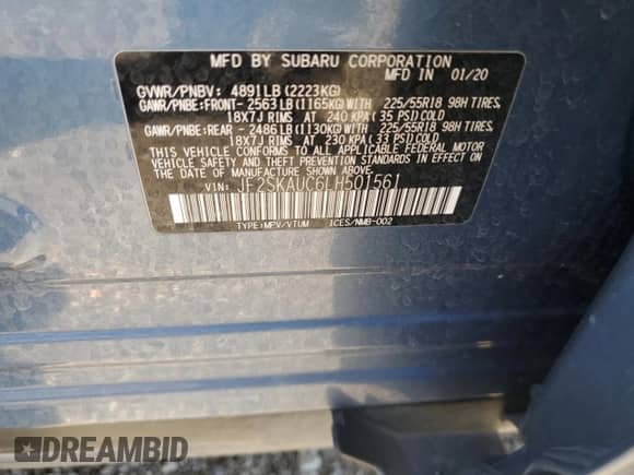 2020 Subaru Forester Limited z VIN JF2SKAUC6LH501561, wystawiony jako Copart lot #69277755 z przebiegiem 45 887 mil mil oraz Szkoda całkowita • Salvage title. Historia ofert i sprzedaży dostępna na DreamBid. Obrazek 14.