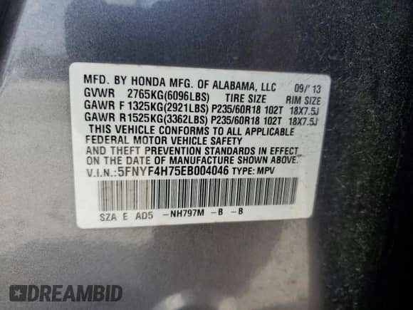2014 Honda Pilot EX-L with VIN 5FNYF4H75EB004046, listed as a Copart auction lot 70861695 with 175,244 mi miles and Salvage title. Bid and sale history available at DreamBid. Image 13.