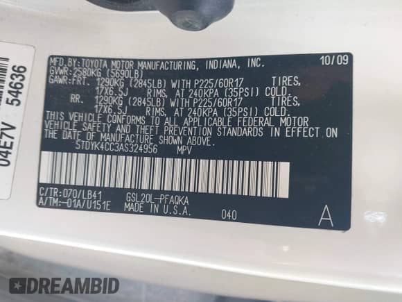 2010 Toyota Sienna XLE с VIN 5TDYK4CC3AS324956, выставлен на аукционе IAAI как лот 42657003 с пробегом 189 749 миль миль и . История ставок и продаж доступна на DreamBid. Изображение 9.