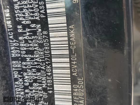 2007 Toyota Camry CE with VIN 4T1BE46K17U680578, listed as a Copart auction lot 61489345 with Not provided miles and Clean title. Bid and sale history available at DreamBid. Image 12.