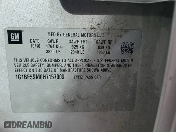 2017 Chevrolet Cruze Premier с VIN 1G1BF5SM0H7157009, выставлен на аукционе Copart как лот 83812355 с пробегом 216 415 миль миль и Списание • Salvage title. История ставок и продаж доступна на DreamBid. Изображение 12.