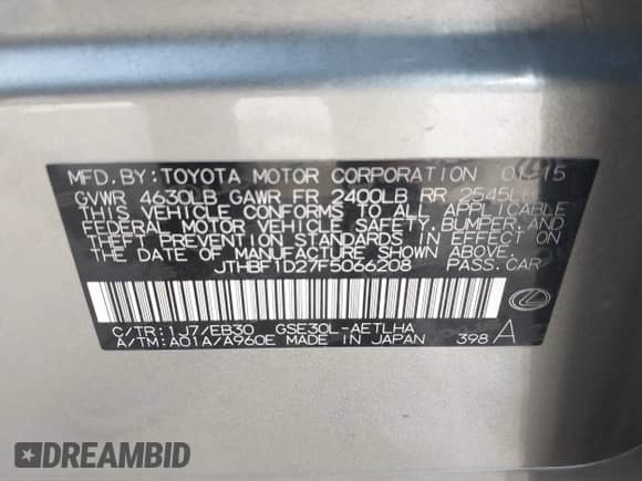 2015 Lexus IS 250 with VIN JTHBF1D27F5066208, listed as a IAAI auction lot 43189541 with 127,311 mi miles and . Bid and sale history available at DreamBid. Image 9.