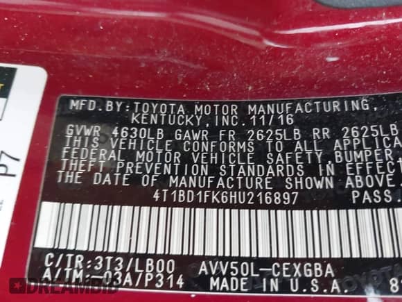 2017 Toyota Camry Hybrid LE с VIN 4T1BD1FK6HU216897, выставлен на аукционе IAAI как лот 42742592 с пробегом 153 716 миль миль и . История ставок и продаж доступна на DreamBid. Изображение 9.