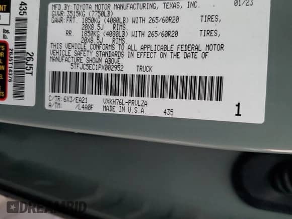 2023 Toyota Tundra Limited Hybrid with VIN 5TFJC5EC1PX002952, listed as a Copart auction lot 77979614 with Not provided miles and Salvage title. Bid and sale history available at DreamBid. Image 12.