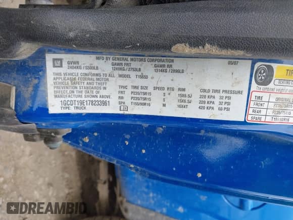 2007 Chevrolet Colorado 1LT with VIN 1GCDT19E178233961, listed as a IAAI auction lot 42099686 with 130,786 mi miles and . Bid and sale history available at DreamBid. Image 9.