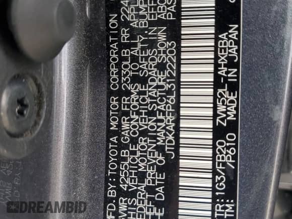 2020 Toyota Prius LE with VIN JTDKARFP6L3122203, listed as a Copart auction lot 85944045 with 98,896 mi miles and Salvage title. Bid and sale history available at DreamBid. Image 12.