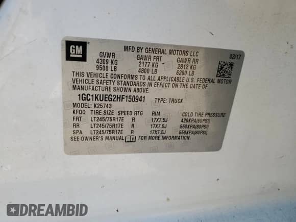 2017 Chevrolet Silverado 2500HD Work Truck with VIN 1GC1KUEG2HF150941, listed as a Copart auction lot 44385515 with Not provided miles and Salvage title. Bid and sale history available at DreamBid. Image 14.