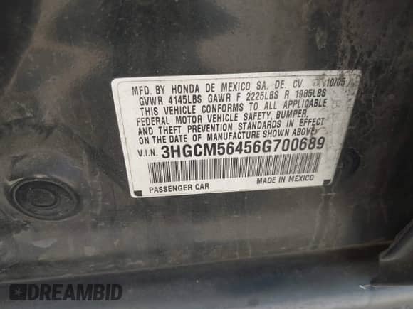 2006 Honda Accord LX с VIN 3HGCM56456G700689, выставлен на аукционе IAAI как лот 43223966 с пробегом 214 190 миль миль и . История ставок и продаж доступна на DreamBid. Изображение 9.