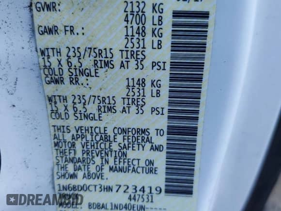 2017 Nissan Frontier S with VIN 1N6BD0CT3HN723419, listed as a Copart auction lot 85182995 with 191,965 mi miles and Clean title. Bid and sale history available at DreamBid. Image 12.