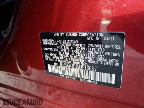 2021 Subaru Forester Premium with VIN JF2SKAJC1MH516667, listed as a Copart auction lot 63152673 with Not provided miles and Non repairable. Bid and sale history available at DreamBid. Image 14.