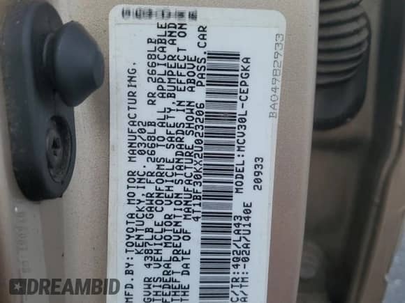2002 Toyota Camry XLE with VIN 4T1BF30KX2U023206, listed as a Copart auction lot 84586185 with Not provided miles and Salvage title. Bid and sale history available at DreamBid. Image 12.