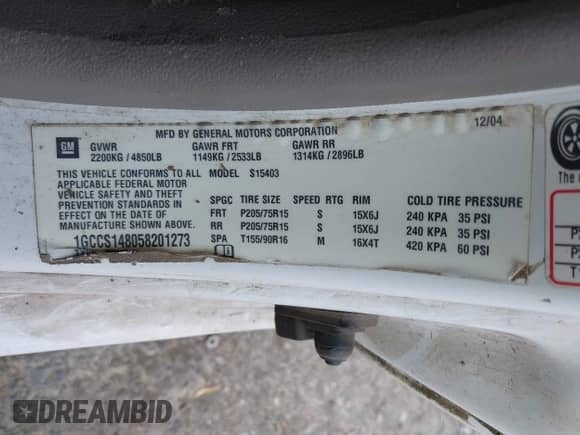 2005 Chevrolet Colorado Z85 with VIN 1GCCS148058201273, listed as a IAAI auction lot 42991392 with 139,059 mi miles and . Bid and sale history available at DreamBid. Image 9.