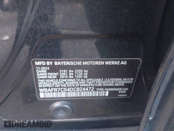 2013 BMW 5 Series 535i with VIN WBAFR7C54DC824472, listed as a IAAI auction lot 43379895 with 129,217 mi miles and . Bid and sale history available at DreamBid. Image 9.