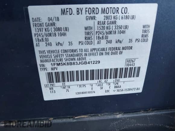 2018 Ford Explorer with VIN 1FM5K8B83JGB41229, listed as a IAAI auction lot 41635404 with 185,000 mi miles and . Bid and sale history available at DreamBid. Image 9.