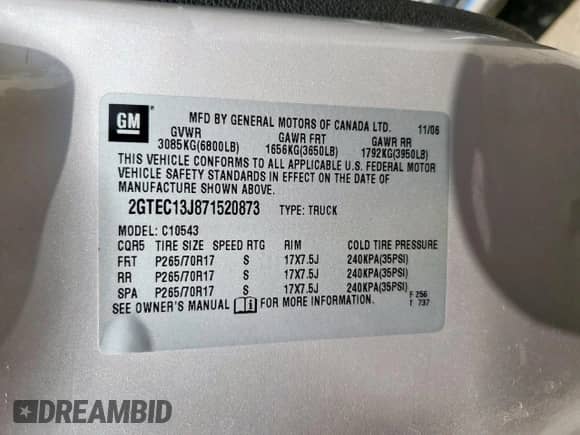 2007 GMC Sierra 1500 SLE2 with VIN 2GTEC13J871520873, listed as a Copart auction lot 71089175 with 130,379 mi miles and Salvage title. Bid and sale history available at DreamBid. Image 12.